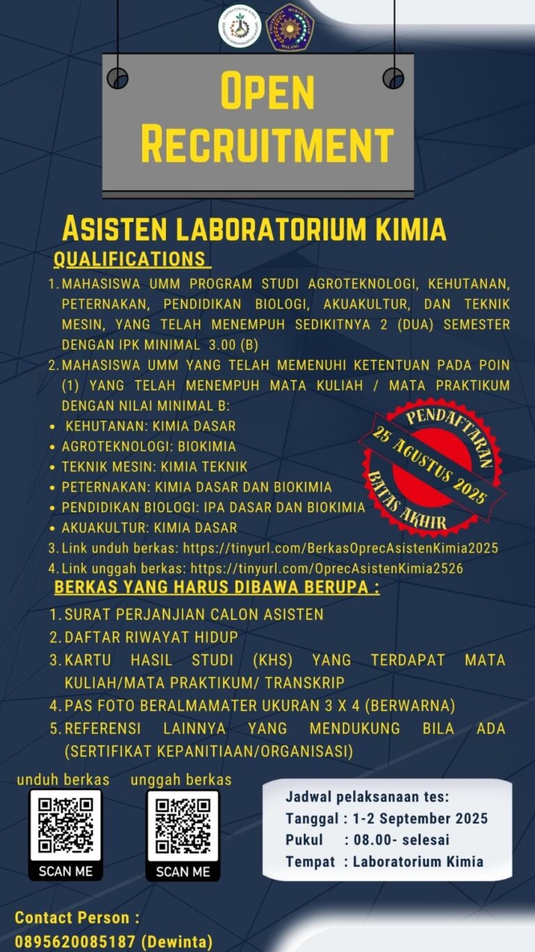 📢🧪OPEN RECRUITMENT ASISTEN LABORATORIUM KIMIA UMM TA 2025/2026🧪📢